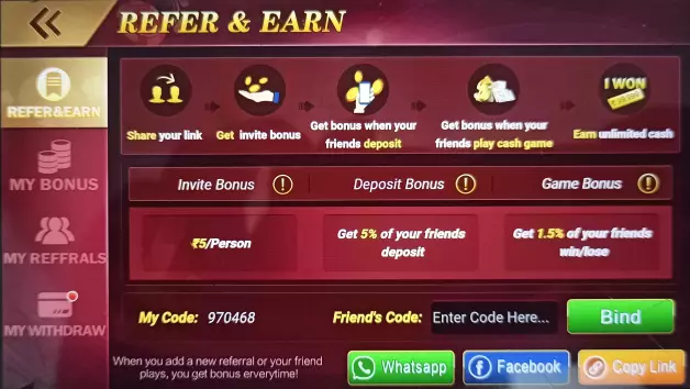 Refer And Earn in Teen Patti live